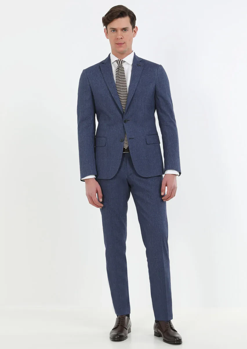 İndigo Çizgili Zeroweight Slim Fit Pamuk Karışımlı Takım Elbise - 2