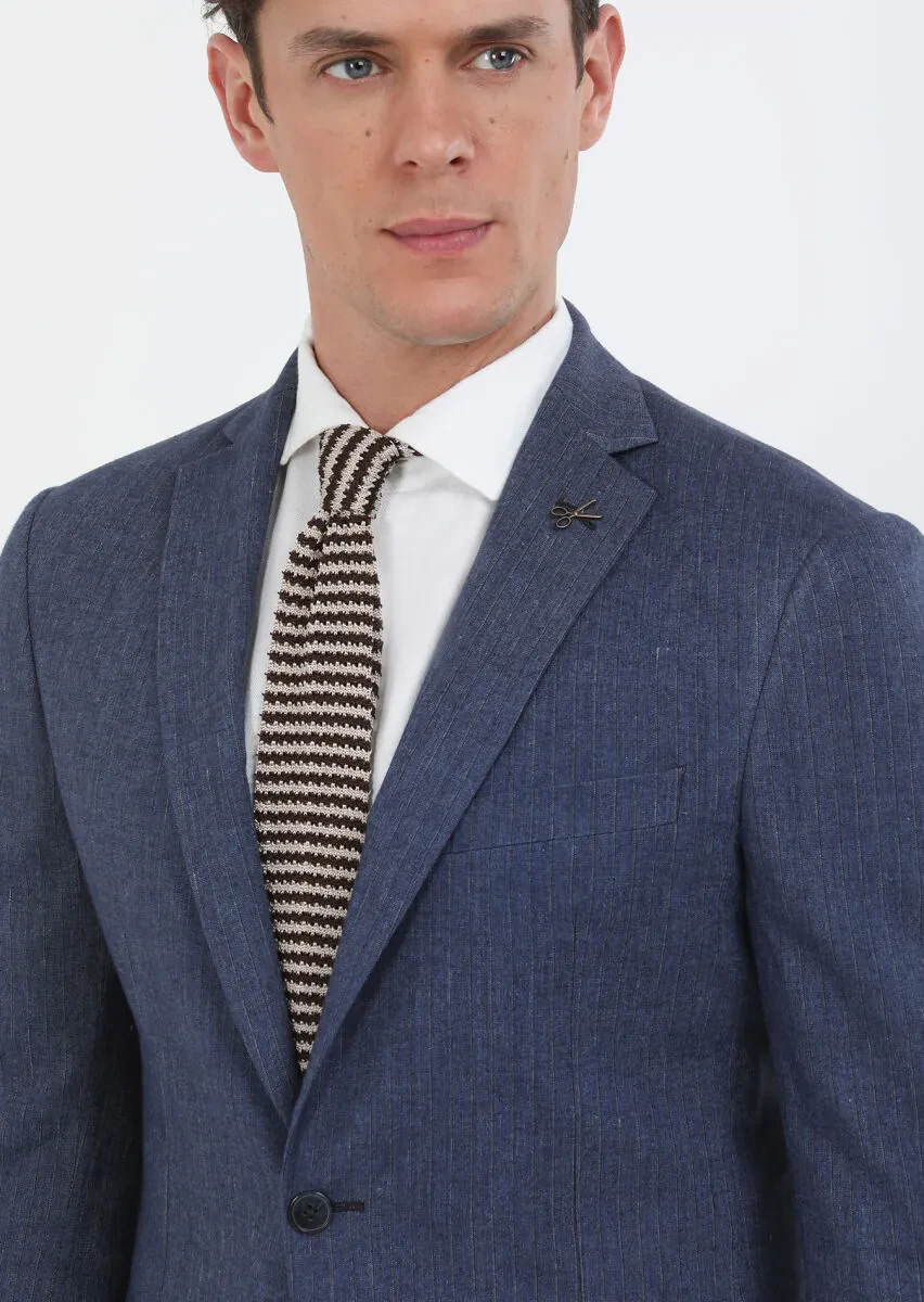 İndigo Çizgili Zeroweight Slim Fit Pamuk Karışımlı Takım Elbise - 3