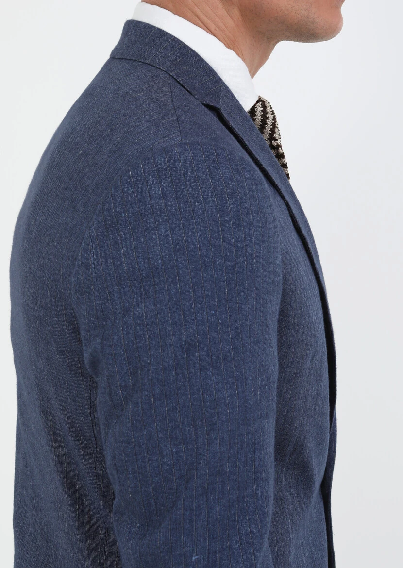 İndigo Çizgili Zeroweight Slim Fit Pamuk Karışımlı Takım Elbise - 4