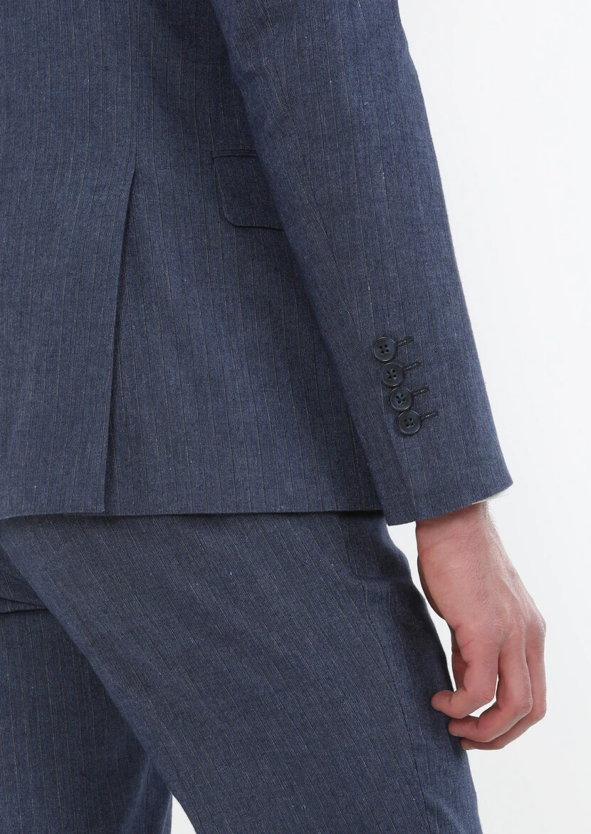 İndigo Çizgili Zeroweight Slim Fit Pamuk Karışımlı Takım Elbise - 5