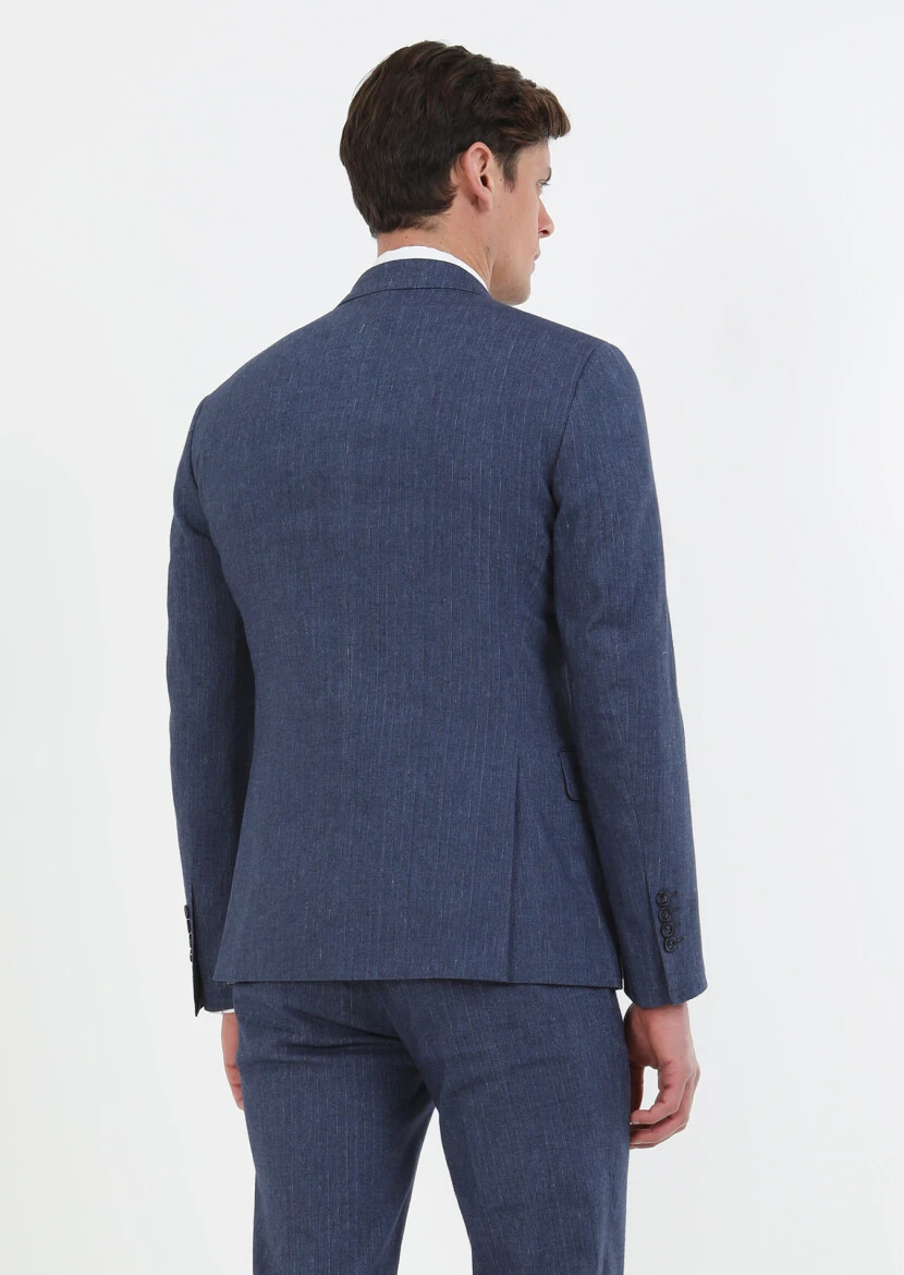 İndigo Çizgili Zeroweight Slim Fit Pamuk Karışımlı Takım Elbise - 6