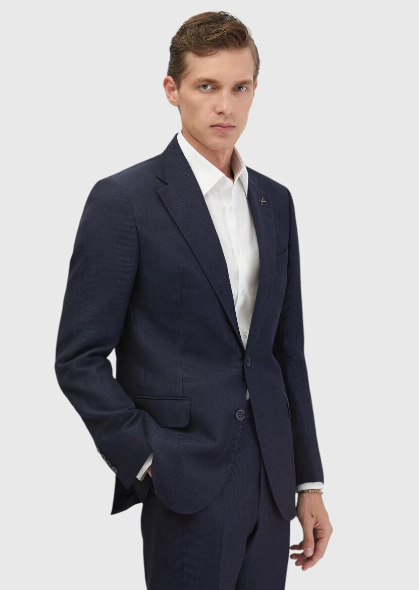 İndigo Çizgili Zeroweight Slim Fit Yün Karışımlı Takım Elbise - RAMSEY