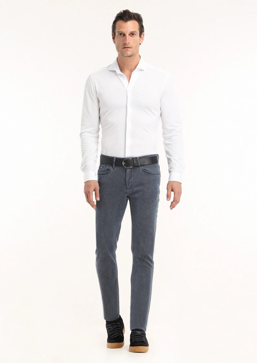 İndigo Desenli Dokuma Slim Fit Casual Pamuk Karışımlı Pantolon - RAMSEY