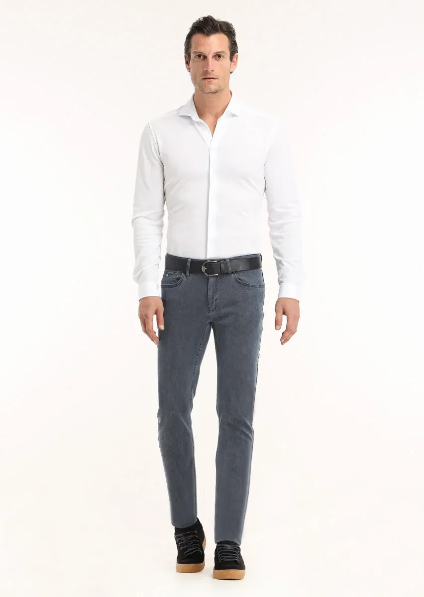 İndigo Desenli Dokuma Slim Fit Casual Pamuk Karışımlı Pantolon - 1