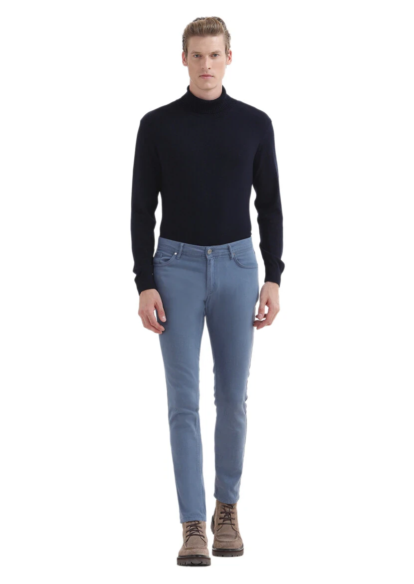 İndigo Desenli Dokuma Slim Fit Casual Pamuk Karışımlı Pantolon - 1