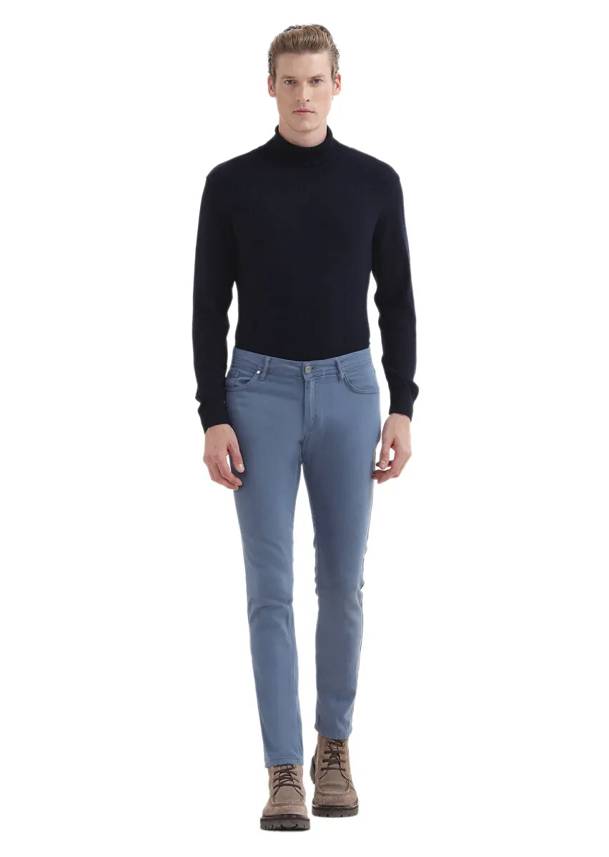 İndigo Desenli Dokuma Slim Fit Casual Pamuk Karışımlı Pantolon - 1