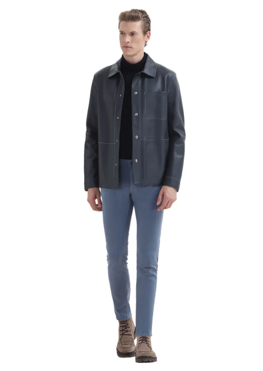 İndigo Desenli Dokuma Slim Fit Casual Pamuk Karışımlı Pantolon - 3