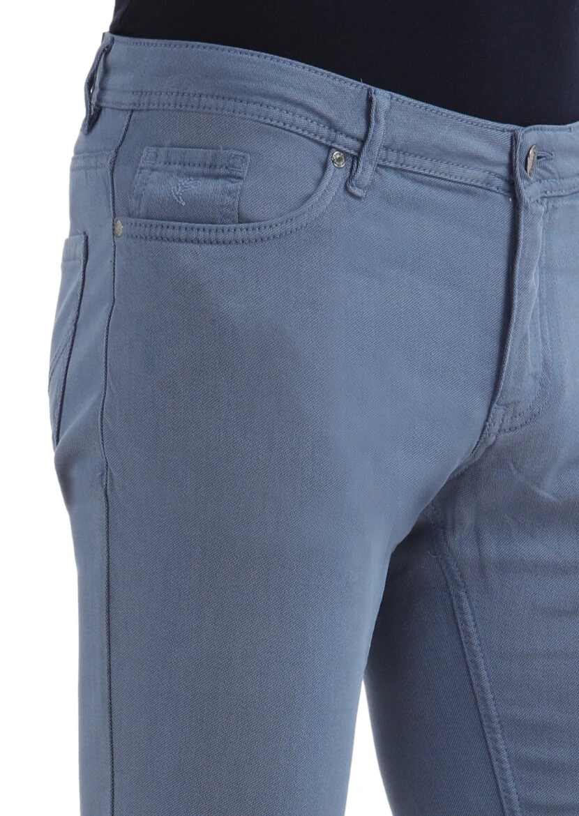 İndigo Desenli Dokuma Slim Fit Casual Pamuk Karışımlı Pantolon - 4