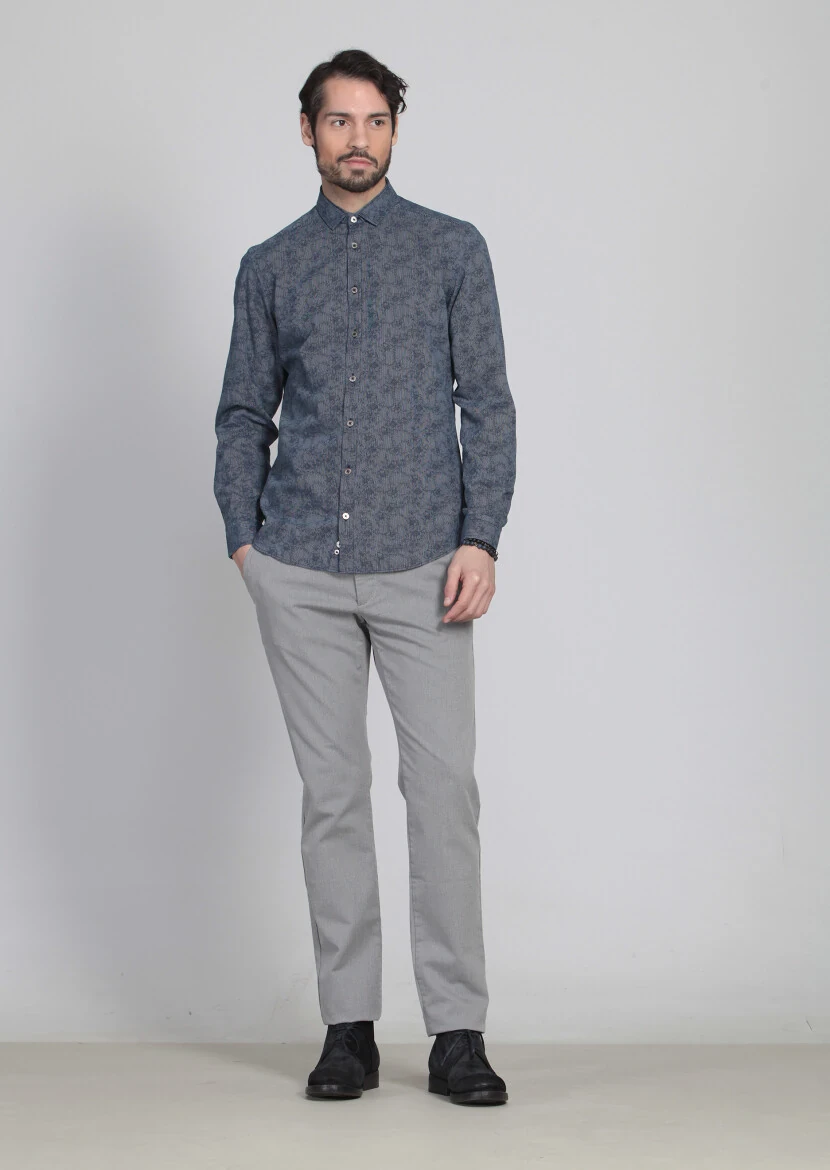 İndigo Desenli Fitted Fit Dokuma Casual %100 Pamuk Gömlek - 1