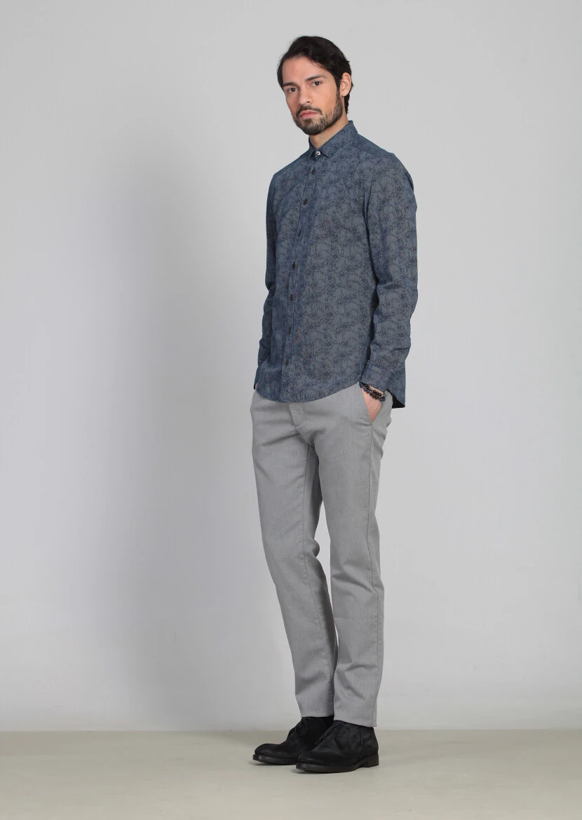 İndigo Desenli Fitted Fit Dokuma Casual %100 Pamuk Gömlek - 3