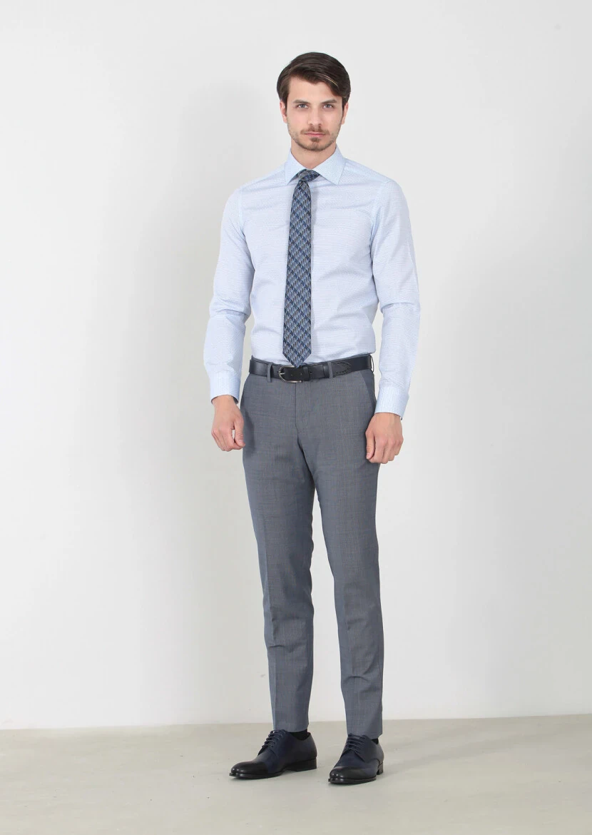 İndigo Desenli Kumaş Modern Fit Klasik Yün Karışımlı Pantolon - 2