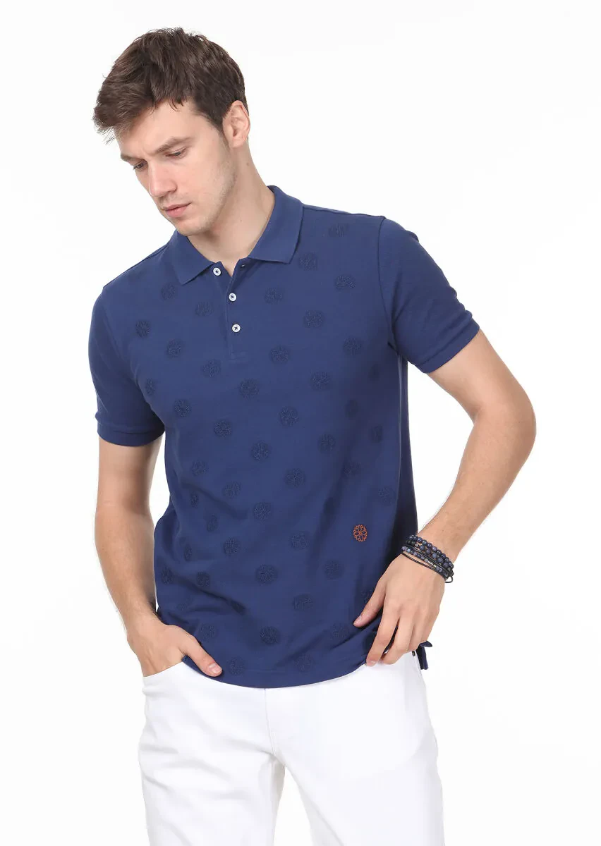 İndigo Desenli Polo Yaka %100 Pamuk T-Shirt - 1