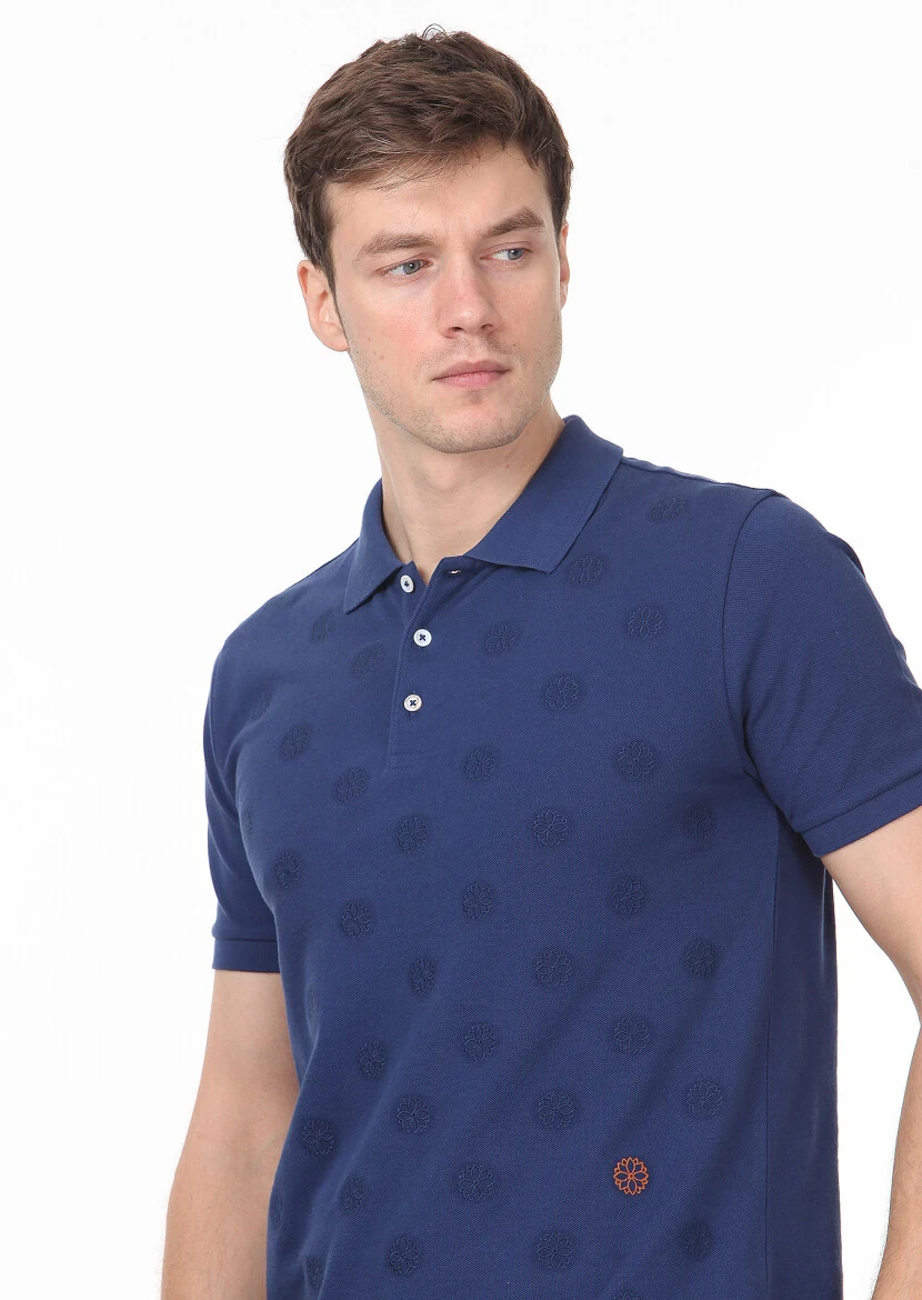 İndigo Desenli Polo Yaka %100 Pamuk T-Shirt - 2