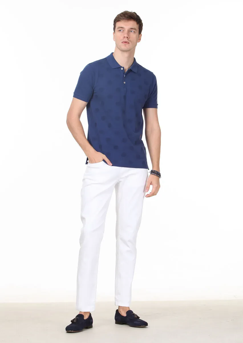 İndigo Desenli Polo Yaka %100 Pamuk T-Shirt - 3