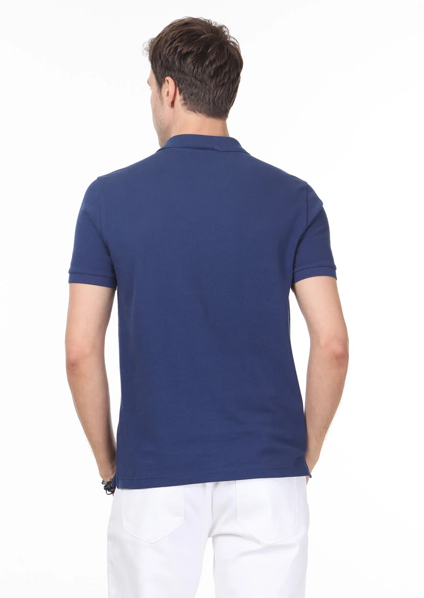 İndigo Desenli Polo Yaka %100 Pamuk T-Shirt - 4