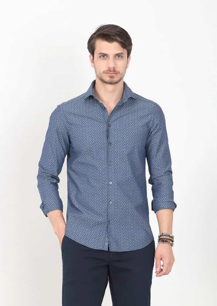 İndigo Desenli Slim Fit Dokuma Casual %100 Pamuk Gömlek - 1