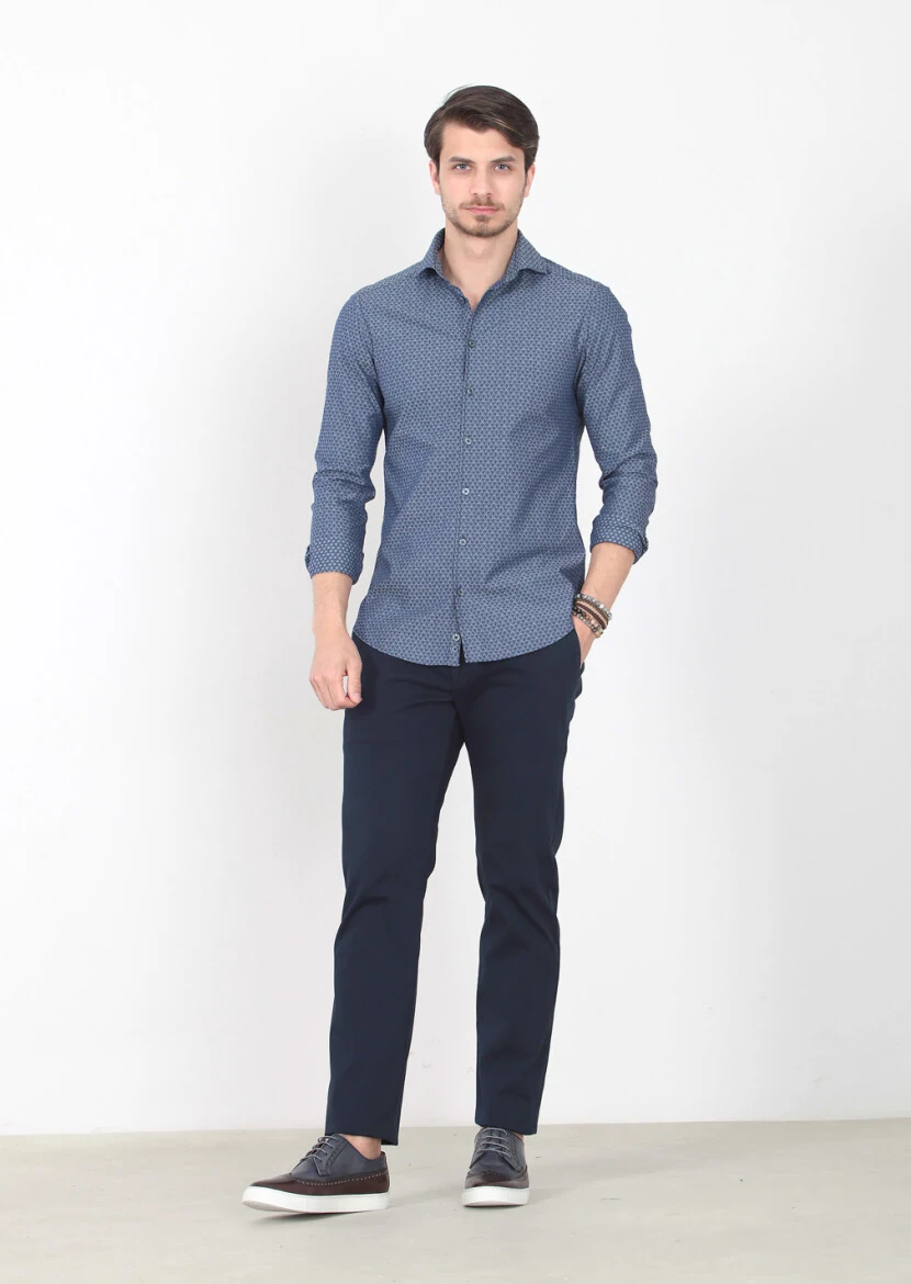 İndigo Desenli Slim Fit Dokuma Casual %100 Pamuk Gömlek - 2