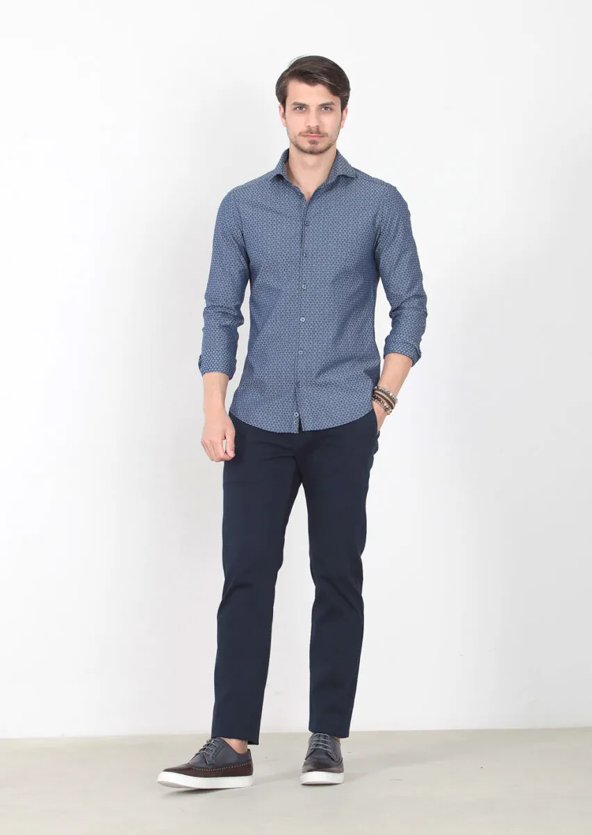 İndigo Desenli Slim Fit Dokuma Casual %100 Pamuk Gömlek - 2