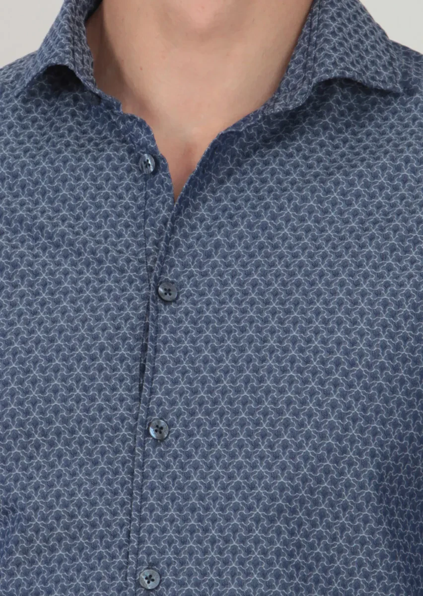 İndigo Desenli Slim Fit Dokuma Casual %100 Pamuk Gömlek - 3