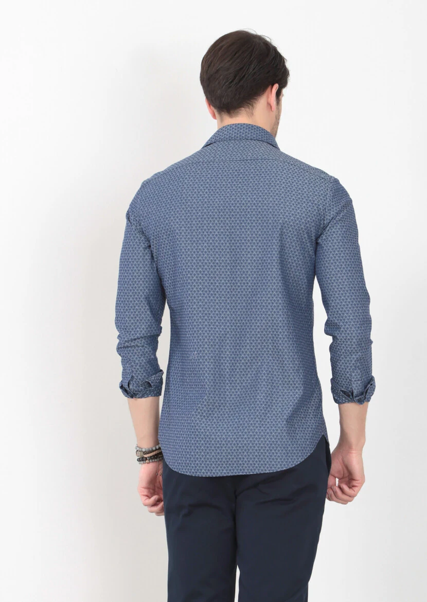 İndigo Desenli Slim Fit Dokuma Casual %100 Pamuk Gömlek - 4