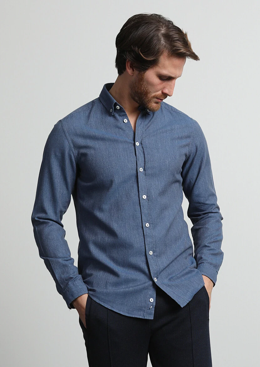 İndigo Desenli Slim Fit Dokuma Casual %100 Pamuk Gömlek - 3