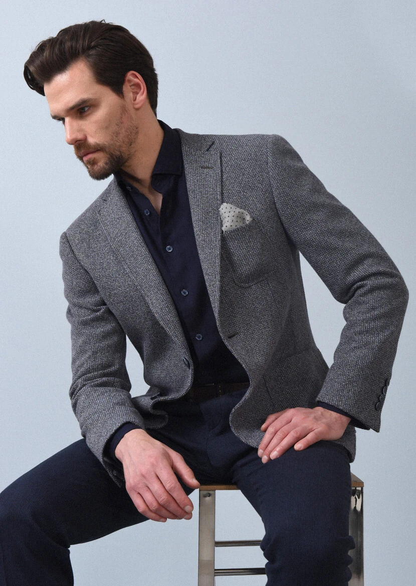 İndigo Desenli Zeroweight Slim Fit %100 Pamuk Örme Ceket - 1