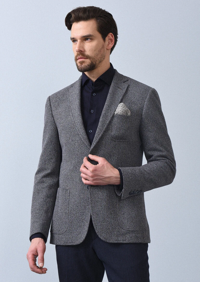 İndigo Desenli Zeroweight Slim Fit %100 Pamuk Örme Ceket - 3