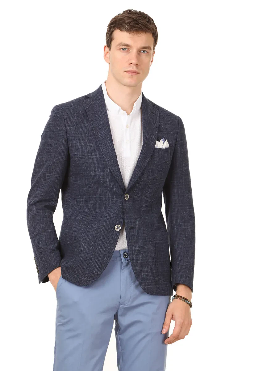 İndigo Desenli Zeroweight Slim Fit Pamuk Karışımlı Ceket - 1