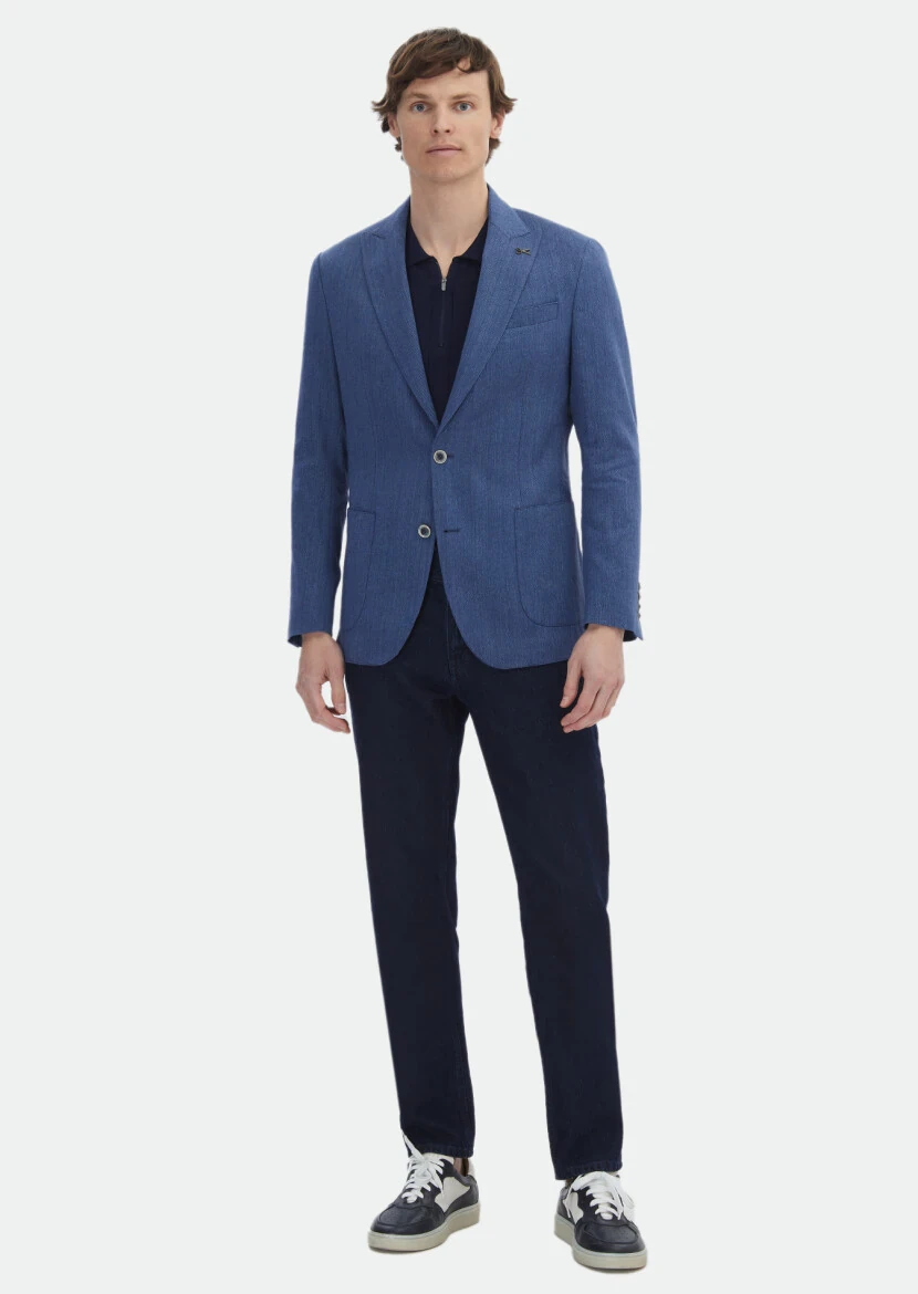 İndigo Desenli Zeroweight Slim Fit Pamuk Karışımlı Ceket - RAMSEY