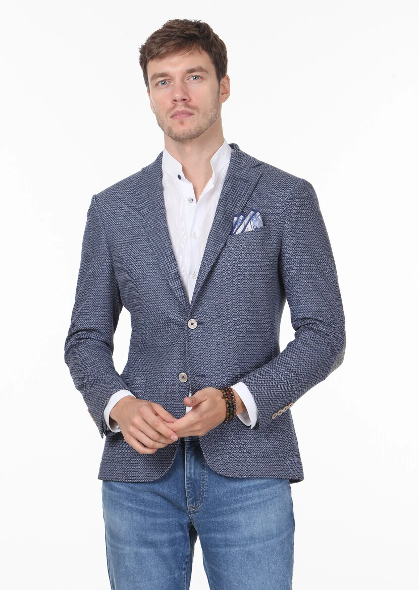 İndigo Desenli Zeroweight Slim Fit Pamuk Karışımlı Örme Ceket - 1