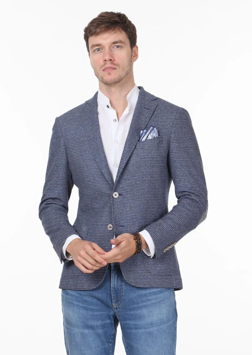 İndigo Desenli Zeroweight Slim Fit Pamuk Karışımlı Örme Ceket - 1