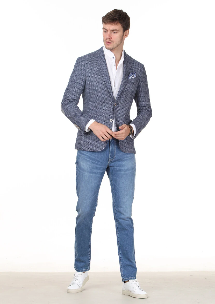 İndigo Desenli Zeroweight Slim Fit Pamuk Karışımlı Örme Ceket - 3