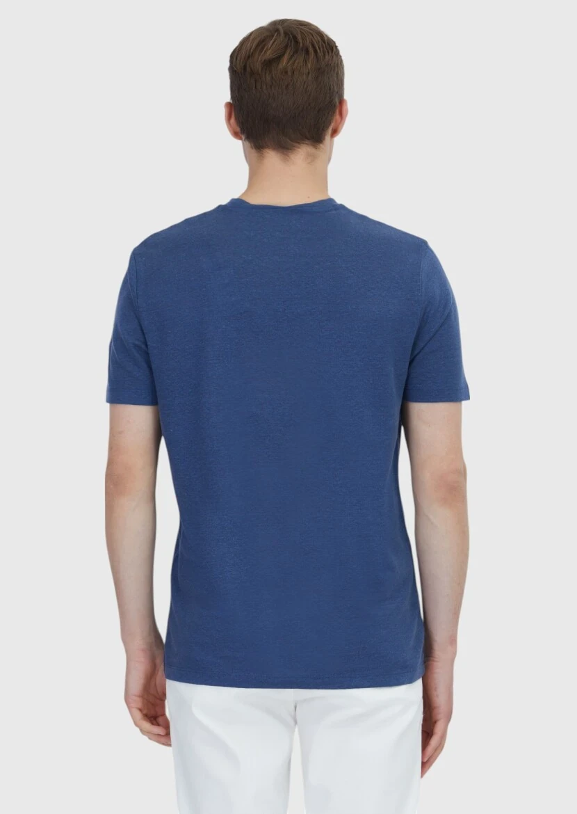 İndigo Düz Bisiklet Yaka %100 Keten T-Shirt - 5