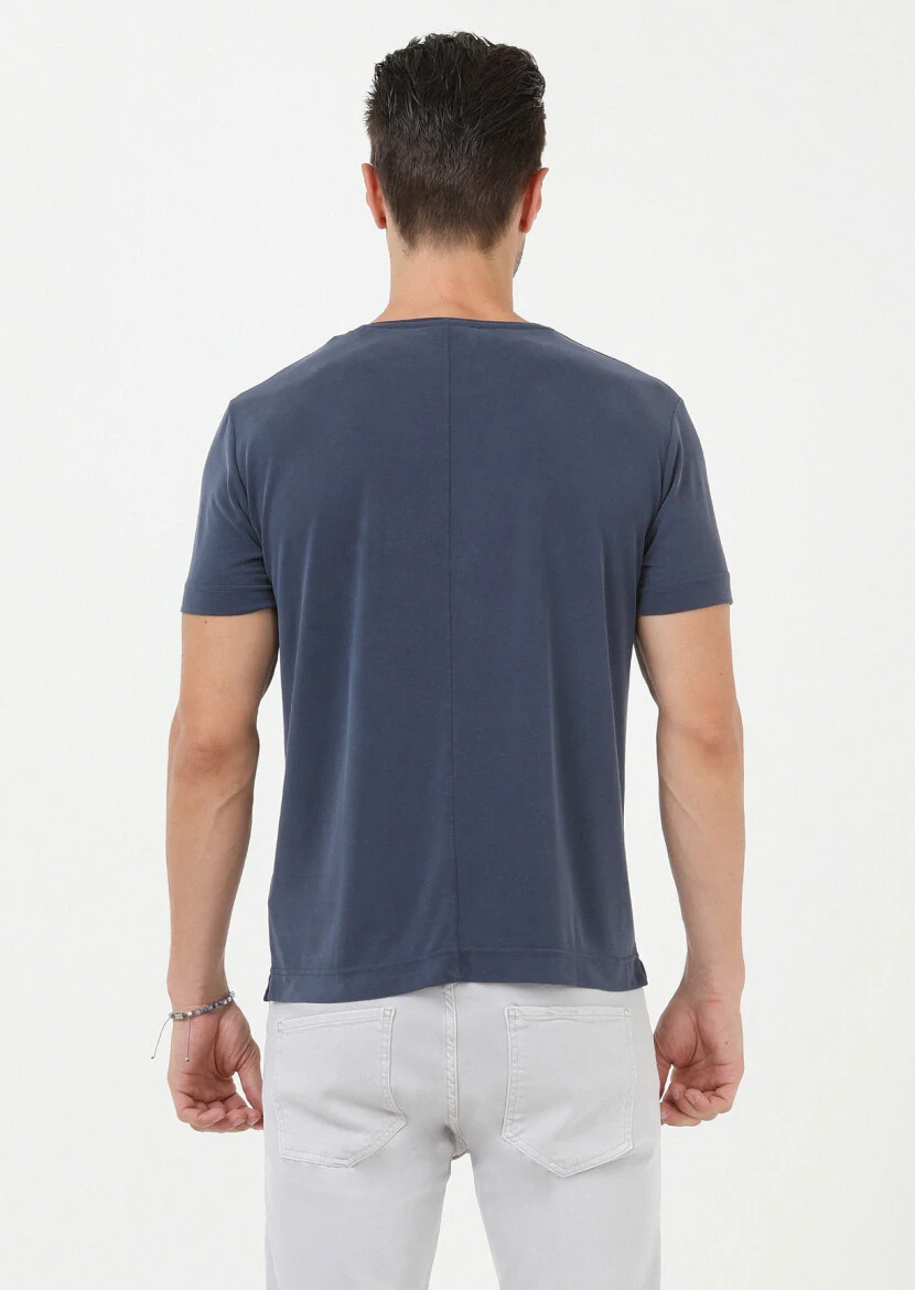 İndigo Düz Bisiklet Yaka %100 Pamuk T-Shirt - 5