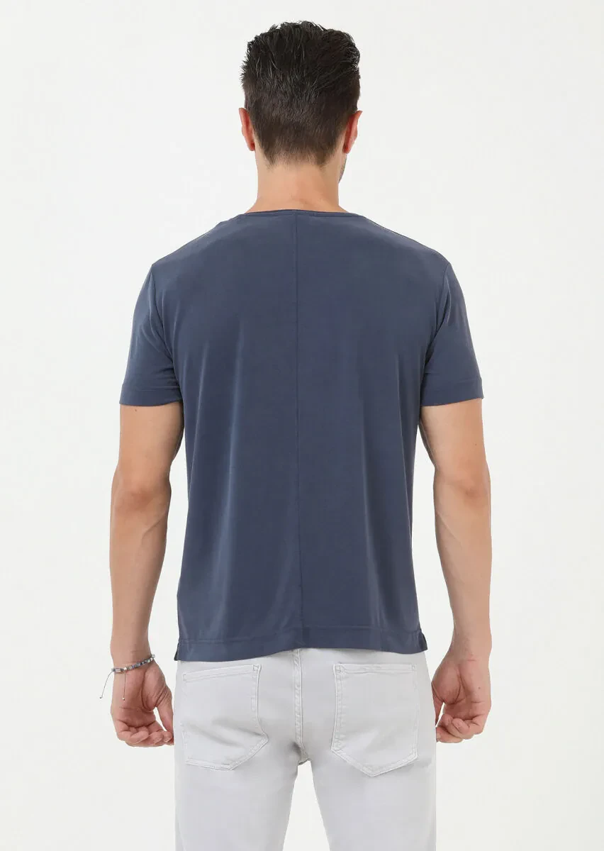 İndigo Düz Bisiklet Yaka %100 Pamuk T-Shirt - 5