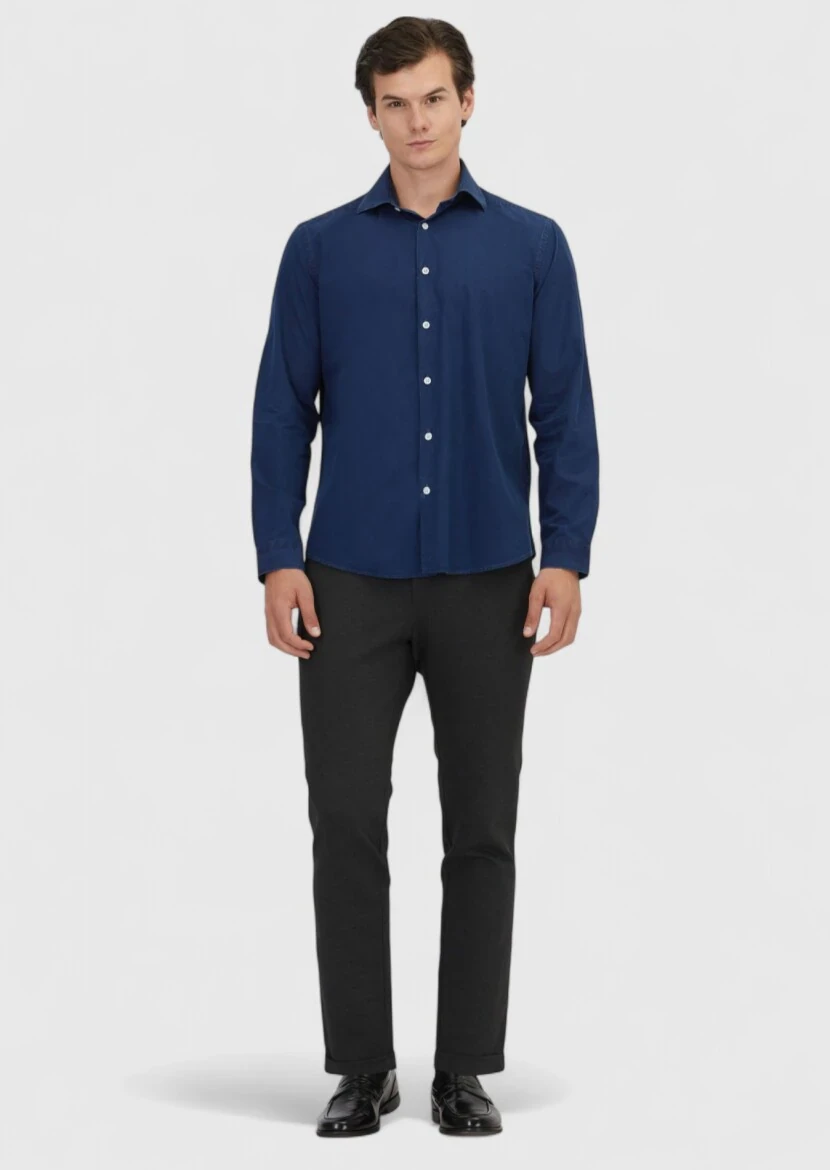 İndigo Düz Casual Fit Dokuma Casual %100 Pamuk Gömlek - RAMSEY