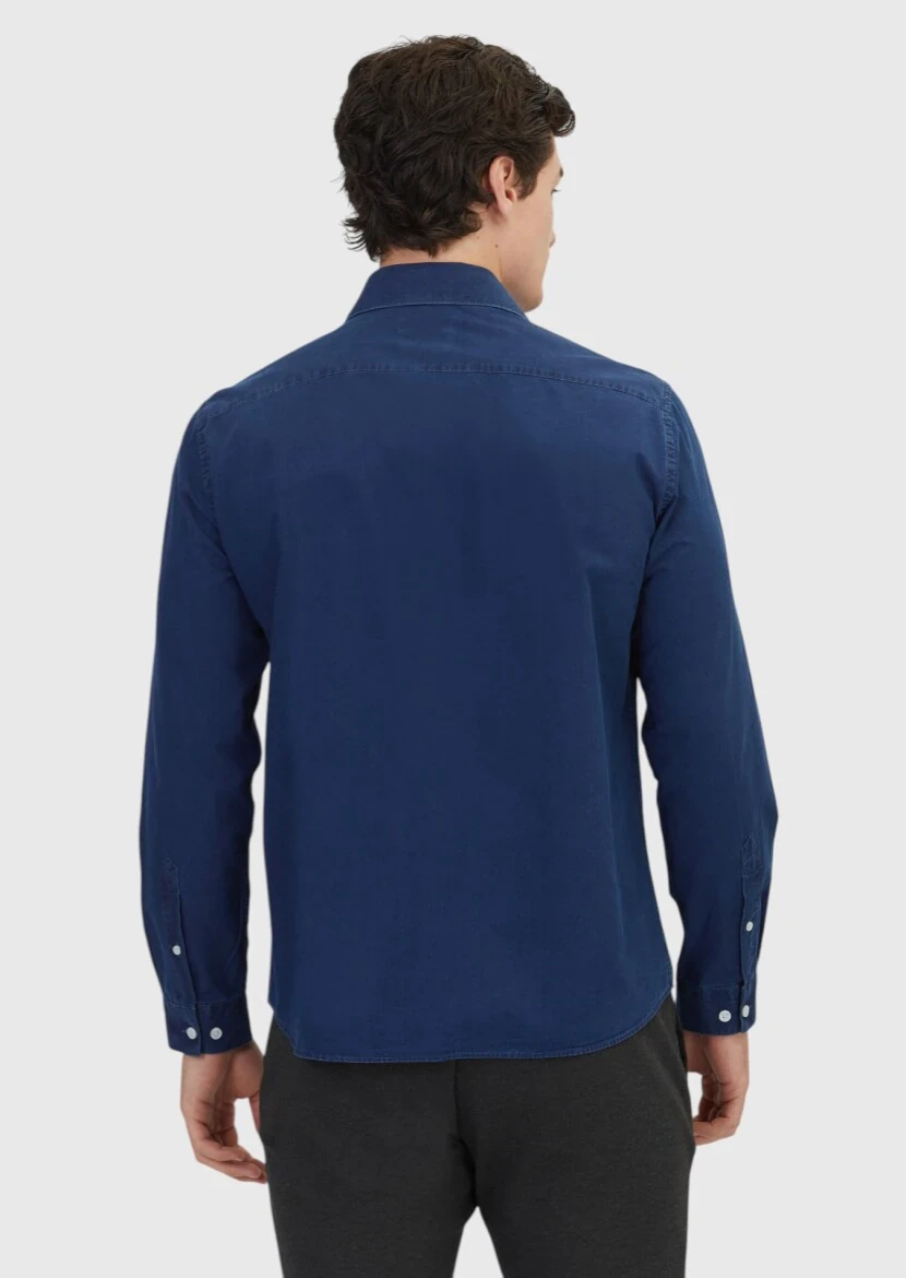 İndigo Düz Casual Fit Dokuma Casual %100 Pamuk Gömlek - 5