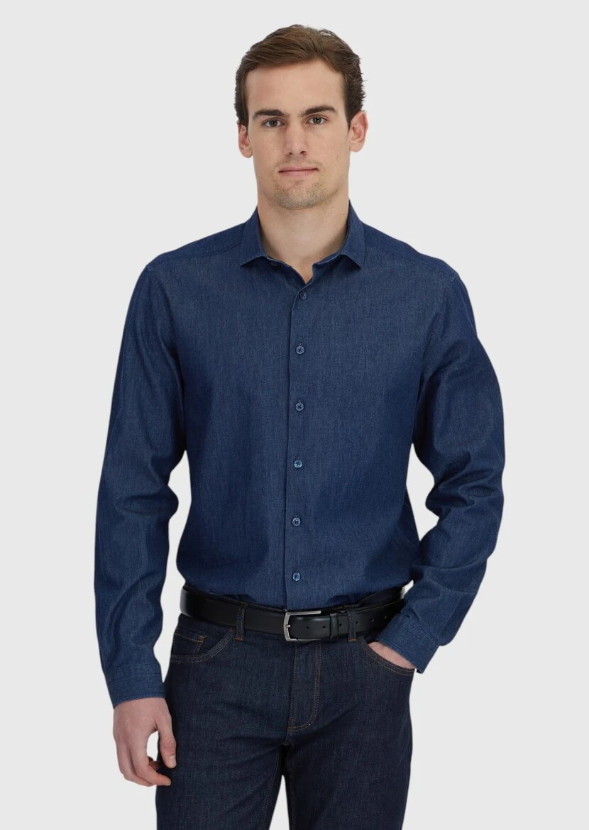 İndigo Düz Casual Fit Dokuma Casual %100 Pamuk Gömlek - RAMSEY