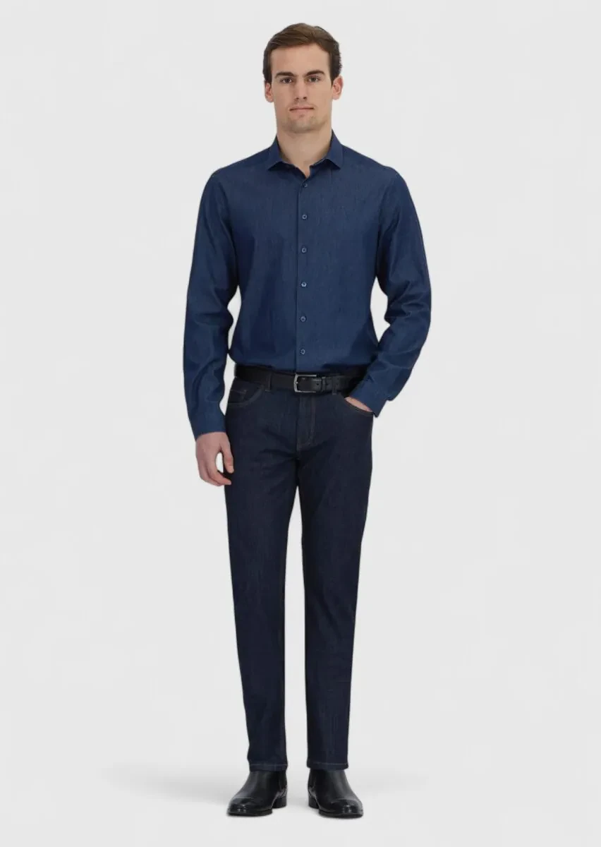 İndigo Düz Casual Fit Dokuma Casual %100 Pamuk Gömlek - 2