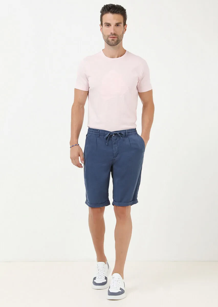 İndigo Düz Dokuma Jogging Fit Casual Bermuda - 1