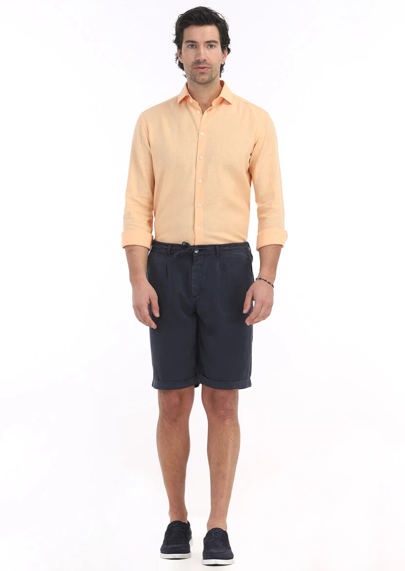 İndigo Düz Dokuma Jogging Fit Casual Bermuda - 1