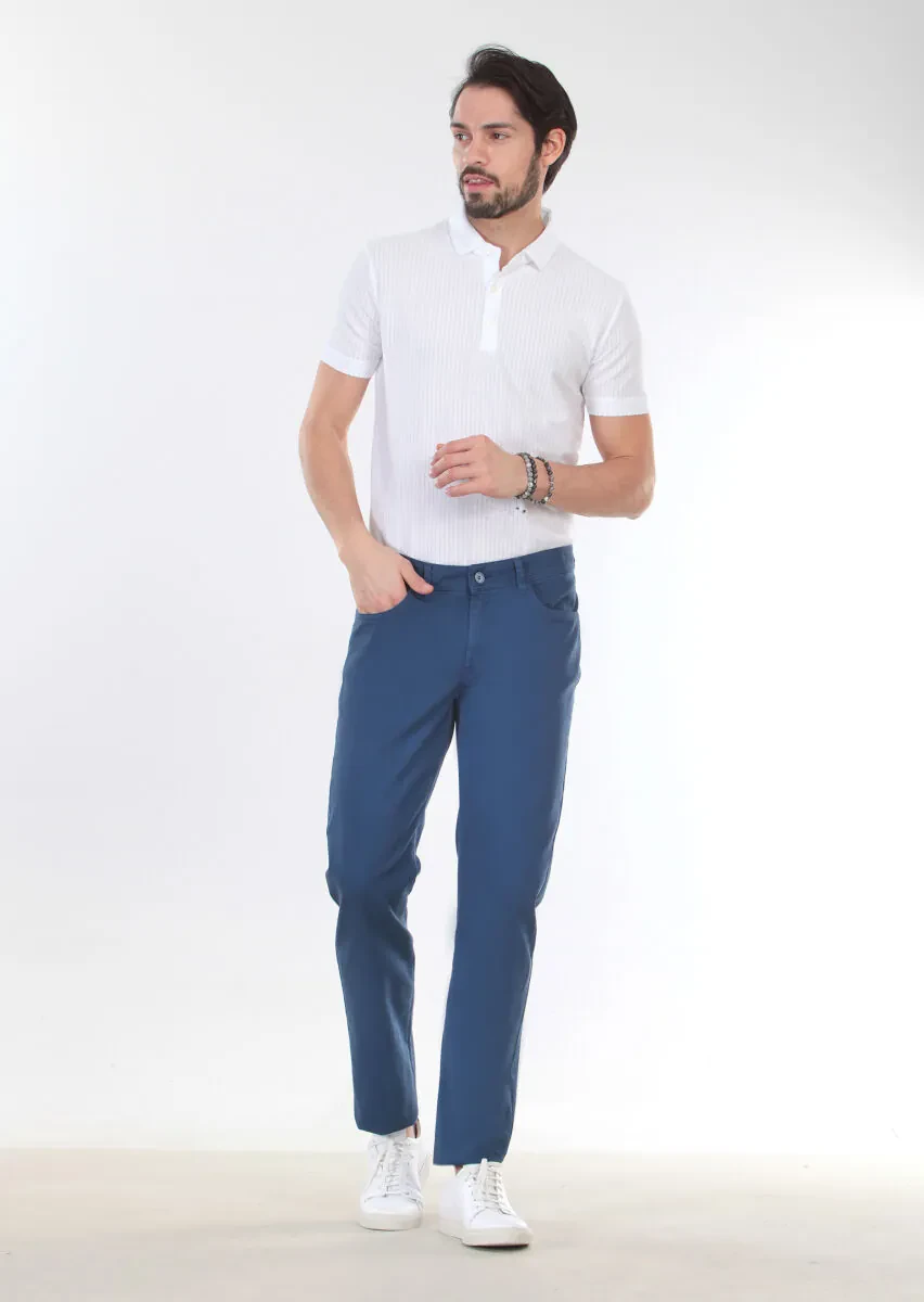 İndigo Düz Dokuma Slim Fit Casual Pamuk Karışımlı Pantolon - 1