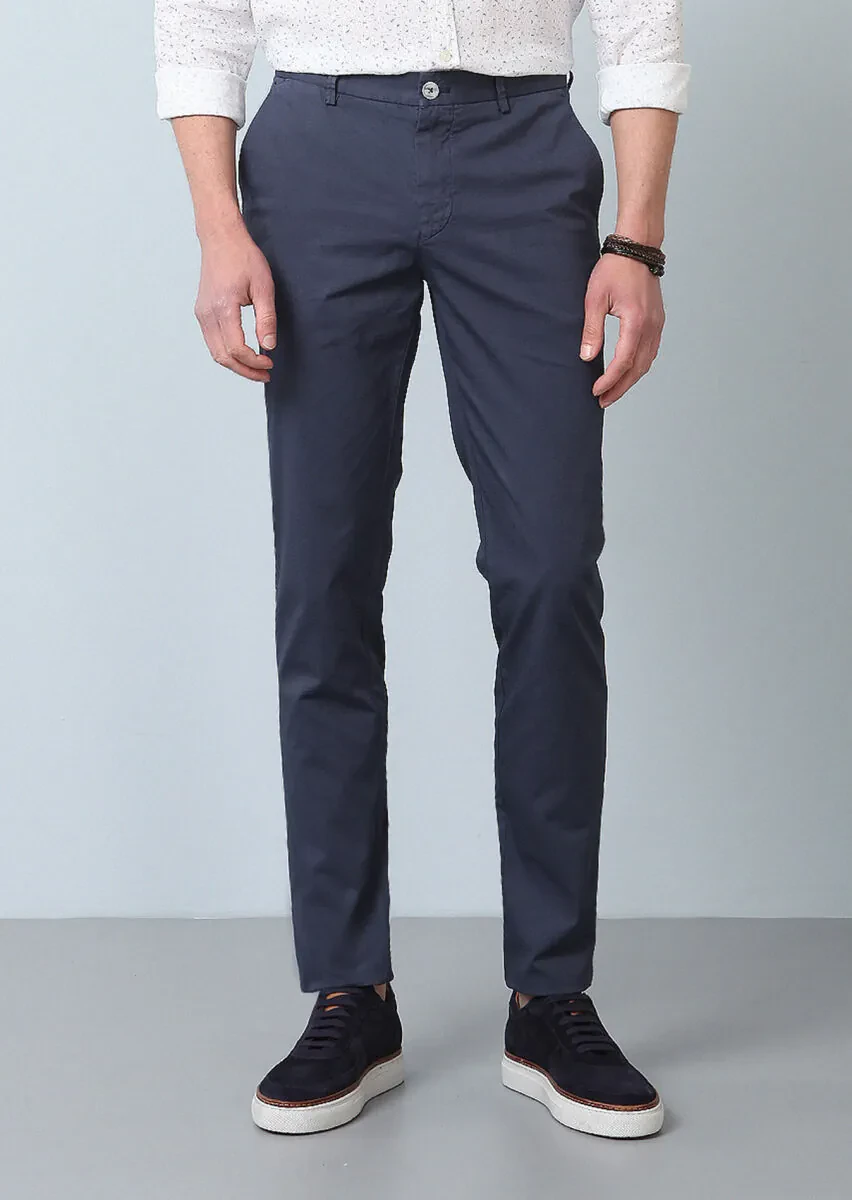İndigo Düz Dokuma Slim Fit Casual Pamuk Karışımlı Pantolon - 1