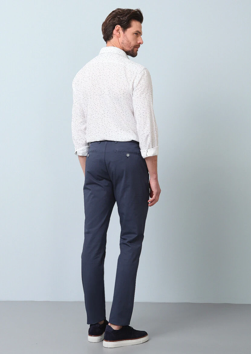 İndigo Düz Dokuma Slim Fit Casual Pamuk Karışımlı Pantolon - 4