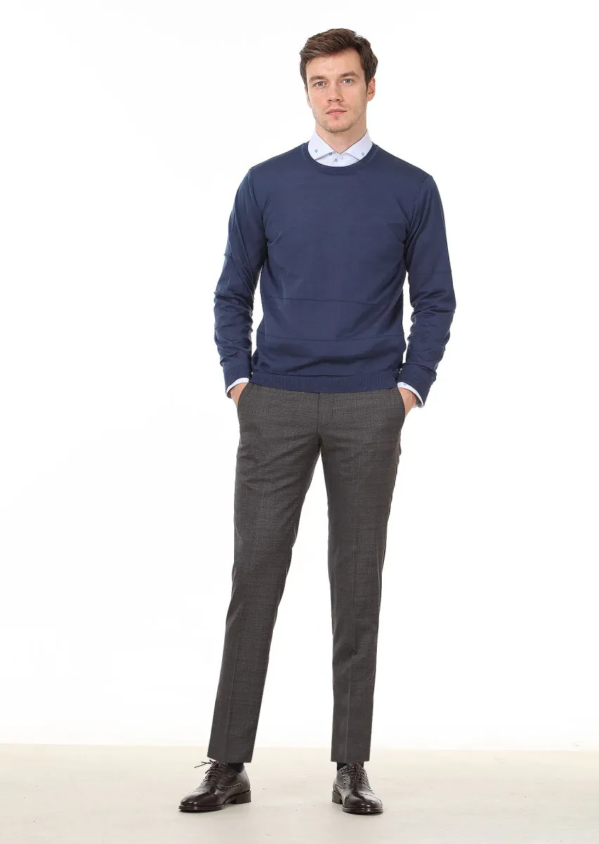 İndigo Düz Örgü Yün Karışımlı Triko Kazak - 4