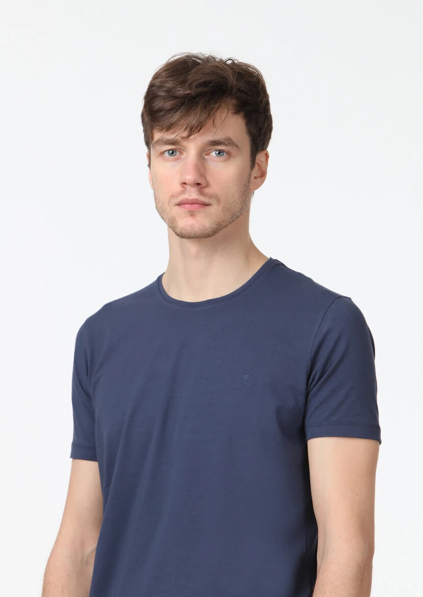 İndigo Düz Pamuk Karışımlı T-Shirt - 3