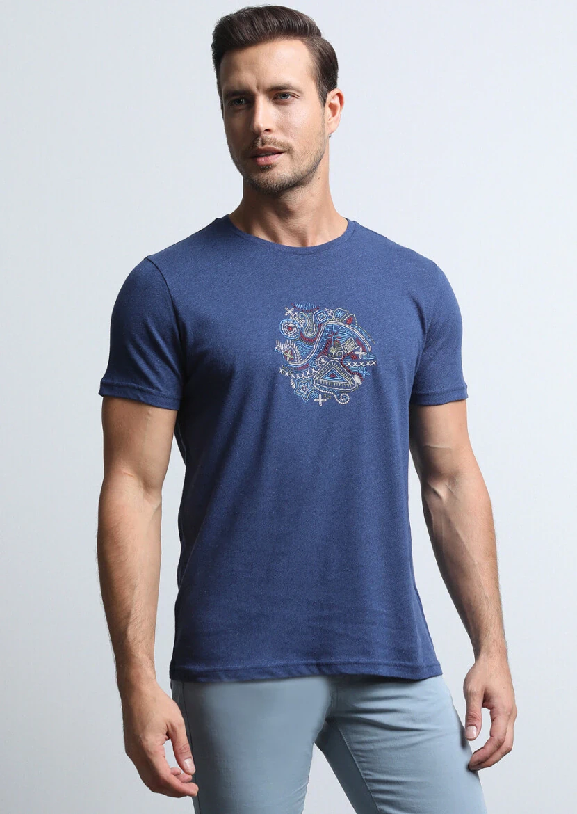 İndigo Düz Pamuk Karışımlı T-Shirt - 1