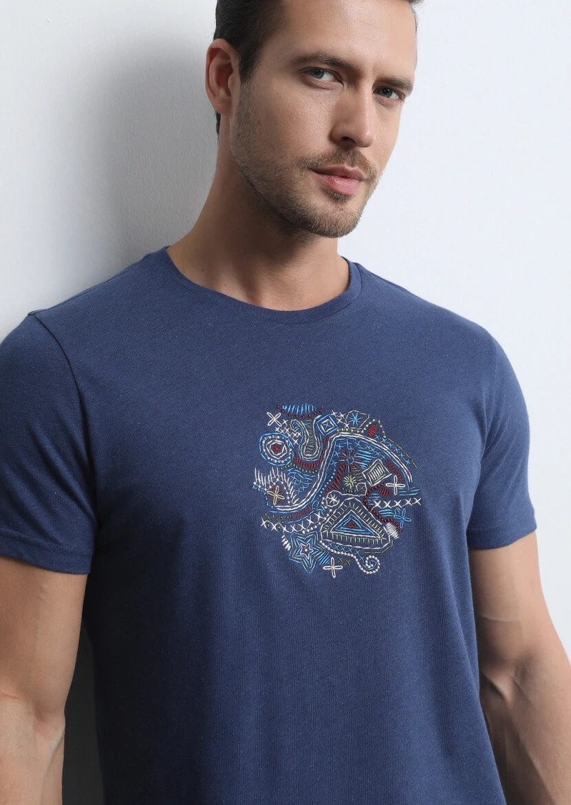 İndigo Düz Pamuk Karışımlı T-Shirt - 2