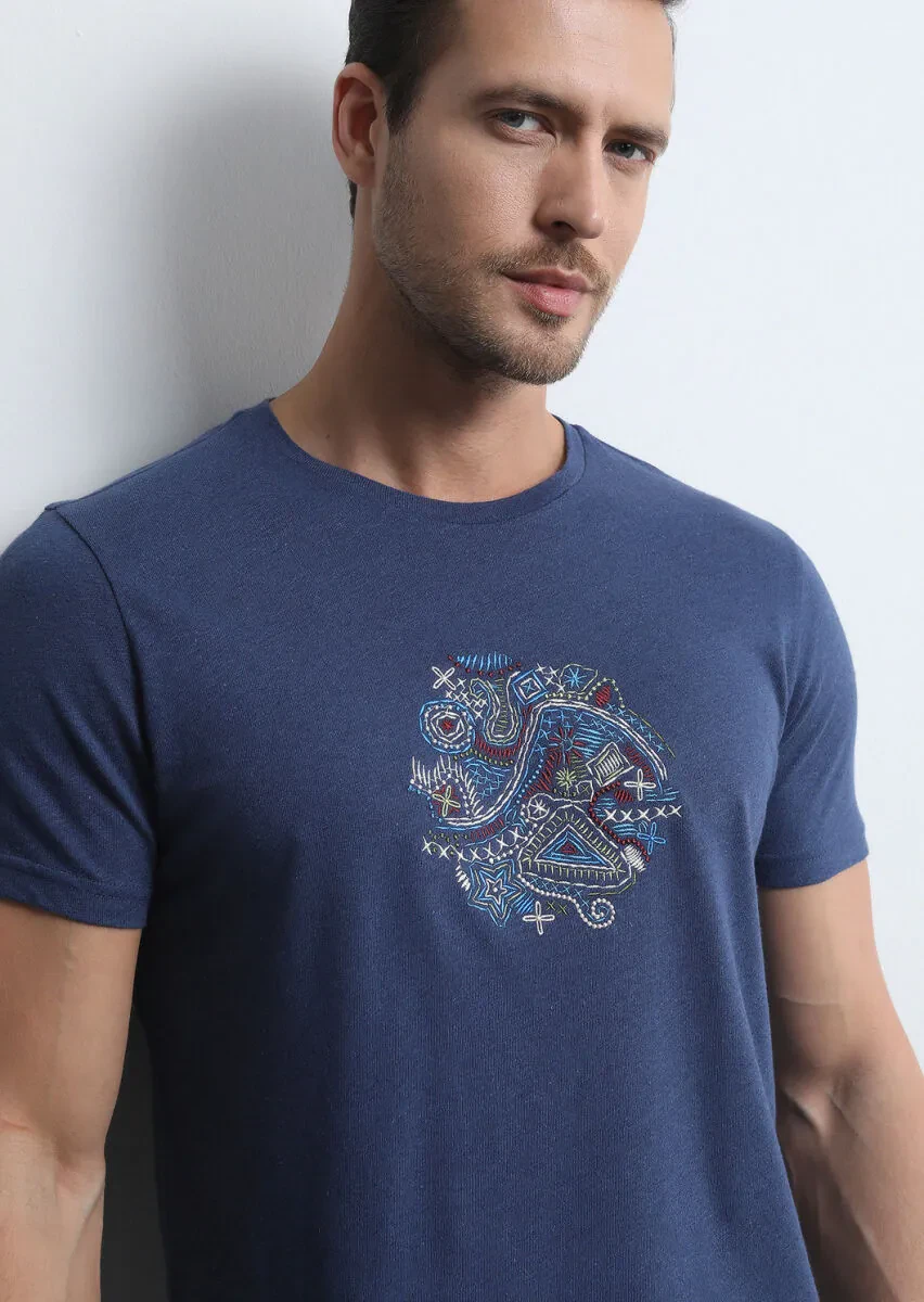 İndigo Düz Pamuk Karışımlı T-Shirt - 2