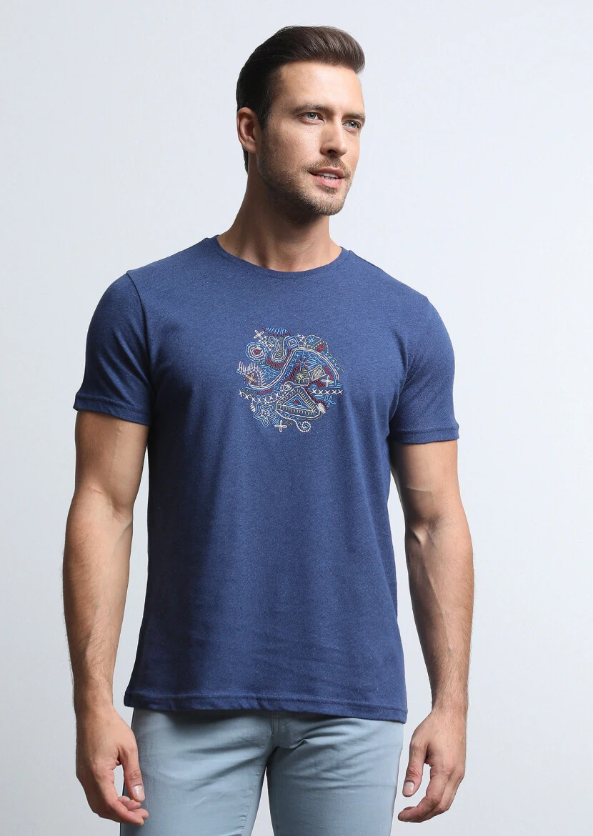 İndigo Düz Pamuk Karışımlı T-Shirt - 3